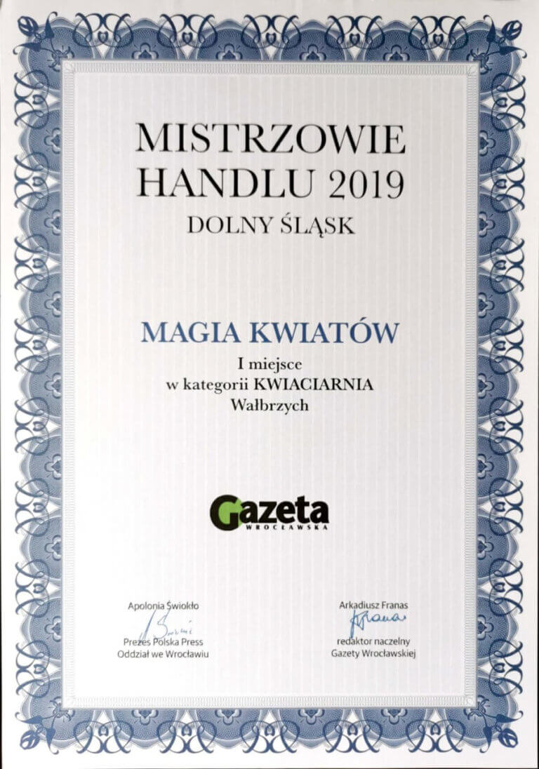 Dyplom Mistrzowie Handlu 2019 Magia Kwiatów